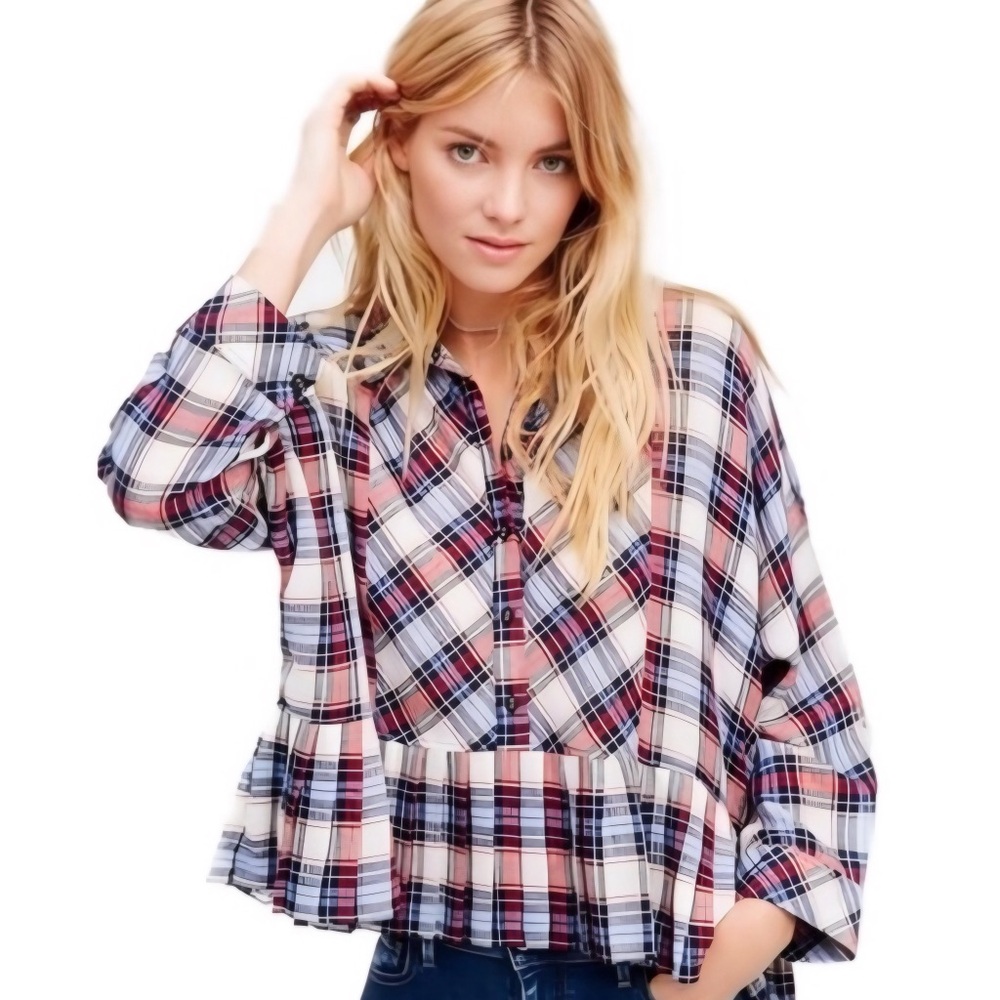 FREE PEOPLE Promise Everything Button Down Peplum Plaid Flannel Small - Picture 4 of 8